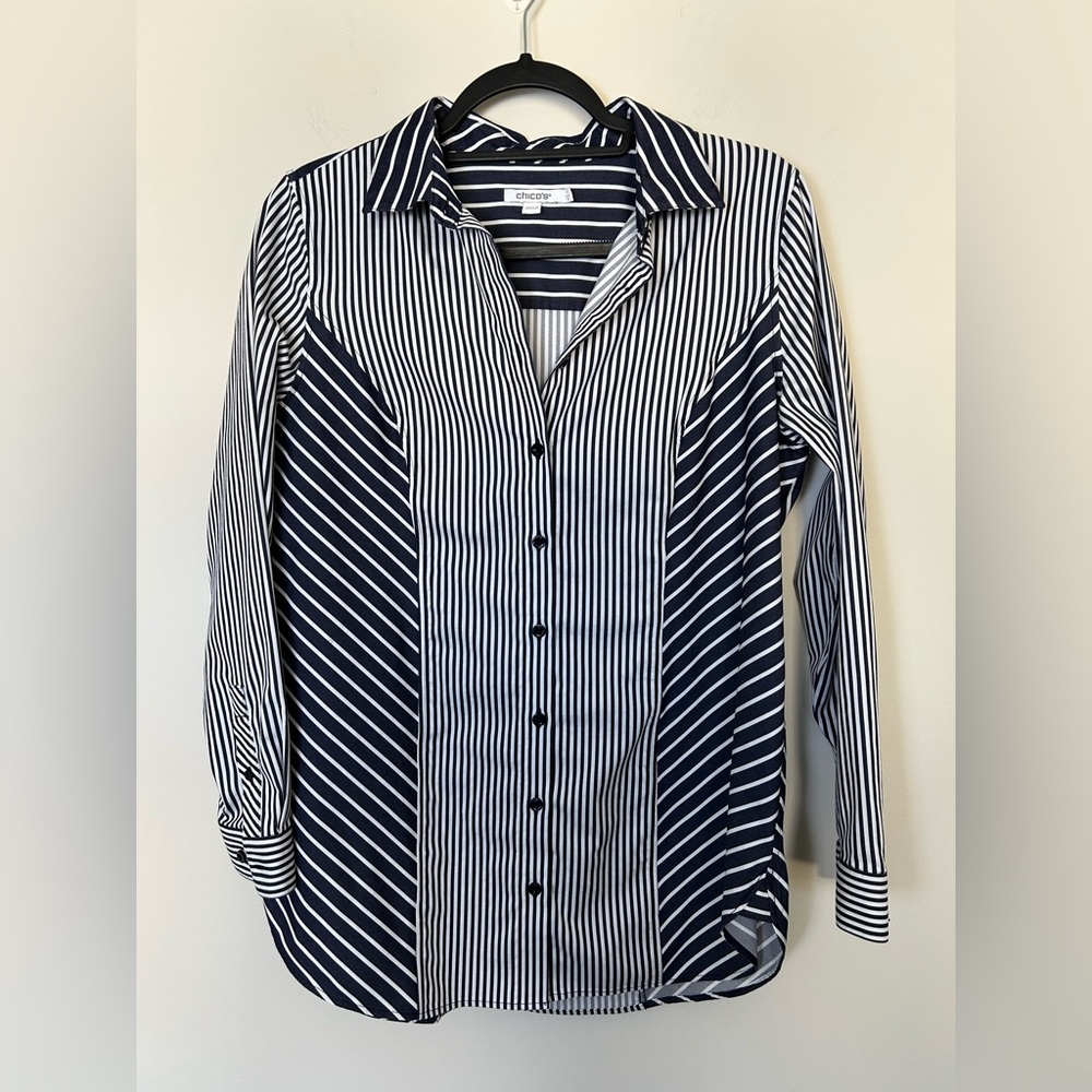 Chico's Mixed Stripe Button Shirt Navy White Size 8 1 Long Sleeve Stretch Top